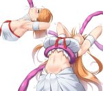  1girl acso armpits arms_behind_head arms_up asuna_(sao) bare_shoulders blush breasts brown_eyes brown_hair choker cleavage commentary_request covered_nipples crop_top cum cum_in_mouth ear_covers elf groin head_back highres large_breasts leaning_back long_hair looking_up midriff navel oral pointy_ears rape red_ribbon restrained revision ribbon simple_background skirt solo stomach sword_art_online tentacles titania_(sao) trembling very_long_hair white_background white_skirt 