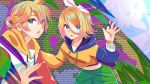  1boy 1girl balloon blonde_hair blue_eyes bow brick_wall colorful commentary drawstring feathers hair_bow highres hood hoodie kagamine_len kagamine_rin looking_at_viewer midriff navel open_mouth orange_hoodie ponta_(poqpon) reflection short_ponytail shorts spiked_hair upper_body vocaloid white_bow 