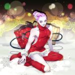  1boy alternate_costume alternate_hairstyle artist_name bed bedroom blue_eyes blue_lipstick boots christmas collarbone colored_skin curly_hair dated demon_tail fate/grand_order fate_(series) grin hair_bun lace_trim light_particles lipstick loveyama makeup male_focus medium_hair meme_attire mephistopheles_(fate/grand_order) multicolored multicolored_eyes multiple_tails no_hat no_headwear pillow pointy_ears purple_eyes purple_hair red_footwear red_nails red_sweater scrunchie smile snowflake_print solo sweater tail teardrop thick_eyebrows thighs virgin_killer_sweater white_skin wide_hips wrist_scrunchie 