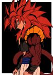  1boy bangs brown_fur closed_mouth dragon_ball dragon_ball_gt from_side fusion_dance gogeta highres looking_at_viewer metamoran_vest monkey_boy monkey_tail pants parted_lips profile red_hair relio_db318 simple_background smile solo spiked_hair standing super_saiyan super_saiyan_4 tail white_pants 