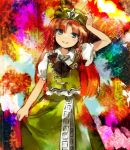  1girl abstract_background bangs beret black_bow black_neckwear blue_eyes bow braid china_dress chinese_clothes commentary_request cowboy_shot cravat dress eyebrows_behind_hair green_dress green_headwear grin hair_bow hair_ribbon hand_on_headwear hand_up hat hat_ornament highres hong_meiling kaigen_1025 long_hair looking_at_viewer parted_bangs red_hair ribbon side_braids skirt_grab smile solo star_(symbol) star_hat_ornament touhou tress_ribbon twin_braids 