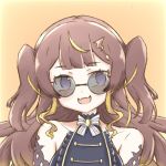  1girl anya_melfissa blonde_hair breasts collarbone detached_sleeves fangs hololive hololive_indonesia looking_to_the_side medium_breasts multicolored_hair open_mouth purple_eyes round_eyewear solo streaked_hair sunglasses tamura13 two_side_up virtual_youtuber yellow_background 