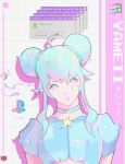  1girl absurdres blue_choker blue_eyes blue_hair character_name choker chromatic_aberration cowlick crop_top double_bun english_text game_console head_tilt highres ii-deactivated-ii logo looking_at_viewer patterned_hair playstation sidelocks solo utau windows_logo yameii_online 