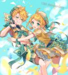  1boy 1girl anniversary aqua_eyes beret blonde_hair blue_sky blurry_foreground collar commentary cowboy_shot day english_commentary falling_petals finger_to_mouth flower frilled_skirt frills grin hair_ornament hairclip half-closed_eyes hat heart heart_hair_ornament heart_print kagamine_len kagamine_rin looking_at_viewer petals plaid plaid_shorts plaid_skirt sailor_collar shinotarou_(nagunaguex) shirt short_hair shorts skirt sky smile spiked_hair triangle vocaloid white_collar white_headwear wristband x_hair_ornament yellow_flower yellow_shirt yellow_skirt 