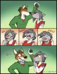  &lt;3 ambiguous_gender anthro arctic_fox black_body black_fur blue_eyes blush brown_body brown_eyes brown_fur canid canine canis christmas clothing comic fox fur gradient_background green_background grey_hair hair holidays kissing male mammal mistletoe open_mouth orange_background plant red_background red_clothing red_shirt red_topwear red_wolf shirt simple_background sneeze sound_effects tongue topwear vir-no-vigoratus white_body white_fur wolf yellow_background yellow_sclera 