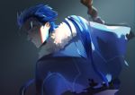  1boy blue_hair capelet closed_mouth cu_chulainn_(fate)_(all) cu_chulainn_(fate/grand_order) earrings expressionless fate/grand_order fate_(series) from_side fur-trimmed_hood fur_trim holding holding_staff hood hood_down hooded_capelet jewelry long_hair male_focus matako_(a27705197) red_eyes solo spiked_hair staff type-moon 