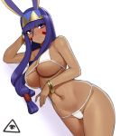  1girl animal_ears arm_behind_head arm_up bangs bare_shoulders bikini blunt_bangs breasts closed_mouth commentary dark_skin dark_skinned_female donburikazoku facepaint fate/grand_order fate_(series) groin highres jewelry large_breasts light_smile long_hair looking_at_viewer navel nitocris_(fate/grand_order) purple_eyes purple_hair skindentation solo string_bikini swimsuit thighs underboob white_background white_bikini 