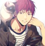  1boy akashi_seijuurou animal animal_on_shoulder bangs blue_eyes brown_jacket buttons casual cat cat_on_shoulder collarbone commentary_request gradient gradient_background grey_background hand_on_own_cheek hand_on_own_face hand_up jacket kuroko_no_basuke lens_flare looking_at_another looking_to_the_side male_focus mashima_shima open_clothes open_jacket parted_lips red_eyes red_hair shirt short_hair simple_background smile solo striped striped_shirt twitter_username upper_body white_shirt 