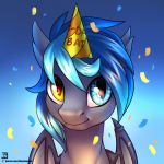  1:1 2020 ambiguous_gender bat_pony birthday_hat black_body black_fur black_wings blue_background blue_eyes blue_mane clothing confetti english_text equid fan_character feral fur hasbro hat headgear headwear heterochromia hi_res jedayskayvoker looking_at_viewer mammal mane membrane_(anatomy) membranous_wings midnight_snowstorm my_little_pony party_hat portrait pupils signature simple_background slit_pupils smile solo text url wing_claws wings yellow_eyes 