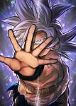  1boy abs aiming_at_viewer arm_at_side backlighting black_outline covered_mouth denim dirty dragon_ball dragon_ball_super expressionless glowing grey_background grey_eyes grey_hair hands jeans light_particles light_rays male_focus mattari_illust muscular outline outstretched_arm palms pants scratches shaded_face shirtless simple_background son_goku spiked_hair torn_clothes torn_jeans torn_pants twitter_username ultra_instinct upper_body wristband 