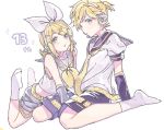  1boy 1girl aqua_eyes arm_warmers arms_behind_back bangs bass_clef black_collar black_shorts blonde_hair bow collar commentary crop_top dutch_angle expressionless feet_up grey_collar grey_shorts grey_sleeves hair_bow hair_ornament hairclip headphones headset kagamine_len kagamine_rin leaning_back leg_warmers looking_at_viewer neckerchief necktie no_shoes open_mouth sailor_collar school_uniform seiza shigupon shirt short_hair short_ponytail short_shorts short_sleeves shorts shoulder_tattoo sitting sleeveless sleeveless_shirt socks spiked_hair swept_bangs tattoo treble_clef vocaloid white_background white_bow white_footwear white_shirt yellow_nails yellow_neckwear 