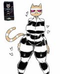  &lt;3 anthro big_breasts breasts curvy_figure domestic_cat felid feline felis female mammal me-mow prison_uniform purple_sclera reference_image side_eye solo tozamtr voluptuous 