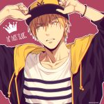  1boy adjusting_clothes adjusting_headwear arms_up bangs baseball_cap blonde_hair bracelet casual collarbone commentary_request crown drawstring earrings english_text hair_between_eyes hat hood hood_down hoodie jewelry kise_ryouta kuroko_no_basuke looking_to_the_side male_focus mashima_shima open_clothes open_hoodie outline parted_lips pink_background purple_headwear purple_hoodie shirt short_hair single_earring solo striped striped_shirt twitter_username upper_body white_outline white_shirt yellow_eyes 