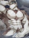  abs accessory anthro canid canine canis chung0_0 covering covering_crotch covering_self dripping fur genitals grey_body grey_fur hand_behind_head headband hi_res holding_object horkeukamui male mammal muscular muscular_anthro muscular_male nipples nude partially_submerged pecs penis penis_base pubes solo tokyo_afterschool_summoners video_games water wet wolf yellow_eyes 