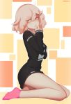  1girl absurdres black_shirt blush eyebrows_visible_through_hair hair_between_eyes hair_ornament hairclip hands_up highres long_sleeves medium_hair once_11h original parted_lips pink_legwear rectangle shirt signature sleeves_past_wrists smile socks solo white_hair yellow_eyes 