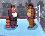  2020 absurd_res ailurid anthro belly black_nose brown_body brown_fur bulge butt clothing eeveecholo fighting_ring fur group hi_res humanoid_hands male mammal moobs musclegut navel nipples overweight overweight_male red_body red_fur red_panda underwear ursid white_body white_fur wrestler 