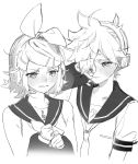  1boy 1girl arm_warmers bangs bare_shoulders bass_clef blush border bow commentary crying crying_with_eyes_open fading_border greyscale hair_bow hair_ornament hairclip half-closed_eyes headphones headset kagamine_len kagamine_rin monochrome naoko_(naonocoto) neckerchief necktie sailor_collar school_uniform shirt short_hair short_ponytail sketch sleeveless sleeveless_shirt spiked_hair swept_bangs tears treble_clef upper_body vocaloid wavy_mouth white_background wiping_tears 