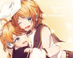  1boy 1girl anniversary arms_around_back bangs bare_shoulders bass_clef belt black_collar blonde_hair blue_eyes bow character_name collar commentary crop_top fang hair_bow hair_ornament hairclip hand_on_another&#039;s_shoulder headphones highres hug kagamine_len kagamine_rin looking_at_another looking_at_viewer manya_sora nail_polish one_eye_closed open_mouth sailor_collar school_uniform shirt short_hair short_ponytail short_sleeves skin_fang sleeveless sleeveless_shirt smile swept_bangs treble_clef upper_body vocaloid white_bow white_shirt yellow_background yellow_nails 