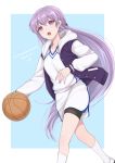  1girl absurdres bangs basketball basketball_uniform bike_shorts braid commission commissioner_upload fire_emblem fire_emblem_fates french_braid hairband highres long_hair open_mouth purple_eyes purple_hair shimizu_akina shirt shorts solo sophia_(fire_emblem) sportswear very_long_hair white_legwear white_shirt 