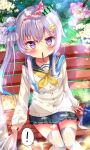  ! 1girl airani_iofifteen alternate_costume bench blush clothes_grab commentary flower food food_in_mouth fujiwarahatsune headband highres hololive hololive_indonesia outdoors pocky purple_eyes purple_hair school_uniform sitting sleeve_grab solo_focus virtual_youtuber 