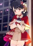  1girl absurdres black_hair blurry blurry_background blush capelet commentary_request dress fukumaru_koito gift hair_bobbles hair_ornament hair_ribbon highres holding holding_gift hug idolmaster idolmaster_shiny_colors looking_at_viewer miniskirt monon_tulle purple_eyes red_dress ribbon short_dress skirt solo thighhighs twintails white_legwear wrist_cuffs zettai_ryouiki 