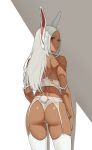  1girl animal_ears ass boku_no_hero_academia bra bunny_ears bunny_tail commentary dark_skin dark_skinned_female english_commentary from_behind garter_belt highres jason_kim long_hair looking_at_viewer looking_back mirko panties parted_lips red_eyes shadow slit_pupils solo tail thighhighs thighs underwear underwear_only white_bra white_hair white_legwear white_panties 