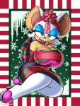  3:4 absurd_res anthro bdsm big_breasts bondage bound breasts candy candy_cane chiropteran christmas clothing dessert english_text female food footwear hi_res high_heeled_boots high_heels holidays icicle in_mouth mammal omegasunburst ribbon_bondage ribbons rouge_the_bat shoes snow solo sonic_the_hedgehog_(series) text wings_tied 