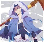  1boy belt blue_hair bracelet capelet closed_mouth cu_chulainn_(fate)_(all) cu_chulainn_(fate/grand_order) earrings fate/grand_order fate_(series) floating_hair fur-trimmed_hood fur_trim holding holding_staff hood hood_up hooded_capelet jewelry kokiya long_hair looking_at_viewer male_focus muscular skin_tight slit_pupils smile solo staff type-moon wooden_staff 