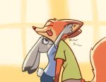  2019 anthro bernie-buddy bottomwear canid canine clothed clothing dipstick_ears disney duo ear_scratch fox fully_clothed happy inner_ear_fluff judy_hopps lagomorph leporid mammal multicolored_ears nick_wilde pants rabbit red_fox shirt smile tongue tongue_out topwear tuft zootopia 