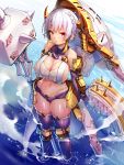  1girl armor blue_gloves blue_legwear blush braid breasts cleavage dark_advent doyouwantto gloves krakendress large_breasts looking_at_viewer navel red_eyes revealing_clothes shiny shiny_hair shiny_skin short_hair sideboob silver_hair skindentation solo standing thighhighs water wet 