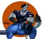  anthro bench bulge canid canine clothing exercise fox hi_res male mammal muscular muscular_anthro muscular_male solo swollen torn_clothing weightlifting weights workout yaudizz 