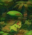  ambiguous_gender chikorita grass leaf nintendo open_mouth open_smile pinkgermy plant pok&eacute;mon pok&eacute;mon_(species) red_eyes smile solo tongue tree video_games 