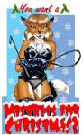  2008 anthro brown_hair canid canine christmas christmas_card clothing corset dominatrix english_text female fox fur gloves hair handwear holidays holly_(plant) hooda leather leather_clothing leather_gloves leather_handwear lingerie long_boots lucy_thatcher mammal multicolored_body multicolored_fur open_mouth panties plant riding_crop smile snowflake solo style_wager text topwear underwear whip 