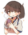  1girl blush brown_eyes brown_hair commentary_request eyebrows_visible_through_hair food holding ina_(1813576) japanese_clothes kaga_(kancolle) kantai_collection kimono long_hair open_mouth side_ponytail simple_background solo sparkle steam sweet_potato upper_body vegetable white_background white_kimono 