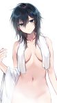  1girl absurdres bara_(03_bara_) black_hair bloom blue_eyes breasts closed_mouth covered_nipples dripping expressionless eyebrows_visible_through_hair groin hair_between_eyes highres long_hair looking_at_viewer medium_breasts naked_towel nude original out-of-frame_censoring simple_background solo standing steam towel upper_body wet white_background 