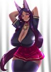  absolute_territory absurd_res animal_humanoid big_breasts biped black_clothing black_legwear black_shirt black_topwear bottomwear breasts brown_body brown_skin canid canid_humanoid canine canine_humanoid caster_queen_of_sheba cleavage clothed clothing curvy_figure dark_body dark_skin fate_(series) female fox_humanoid front_view fully_clothed hair hands_behind_head hi_res huge_breasts humanoid inner_ear_fluff jewelry legwear long_ears long_hair looking_at_viewer mammal mammal_humanoid necklace portrait purple_hair red_bottomwear red_clothing red_skirt shirt simple_background skindentation skirt smile solo standing teal_eyes thick_thighs three-quarter_portrait topwear tuft uc_(artist) white_background 