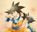  2boys ^_^ beige_background black_hair chinese_clothes closed_eyes dougi dragon_ball dragon_ball_z elbow_rest facing_away facing_viewer father_and_son fingernails hand_on_another&#039;s_head head_rest highres laughing light_blush male_focus mattari_illust multiple_boys open_mouth pectorals petting profile simple_background son_goku son_goten spiked_hair wide_sleeves wristband 