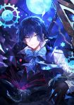  1boy black_gloves blue_eyes blue_hair blue_ribbon blue_theme book chain closed_mouth eyebrows_visible_through_hair gears gloves highres nevakuma_(fanfanas) open_book ribbon short_hair smile solo striped striped_ribbon vanitas_(vanitas_no_carte) vanitas_no_carte 