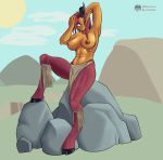  big_breasts bottomwear breasts brown_body brown_skin clothed clothing cyclops female fours_(artist) goat_legs hi_res hooves horn humanoid loincloth muscular muscular_female muscular_humanoid satyr solo topless tribal 