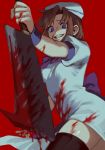  1girl beret blood blood_on_face blood_on_leg bloody_clothes bloody_hands bloody_weapon blue_eyes bow clenched_teeth commentary dress evil_smile feet_out_of_frame from_below hat hatchet highres higurashi_no_naku_koro_ni looking_at_viewer noriuma nose_hatchet orange_hair puffy_short_sleeves puffy_sleeves purple_bow red_background ryuuguu_rena short_hair short_sleeves simple_background smile solo teeth thighhighs weapon white_dress white_headwear wrist_cuffs yandere zettai_ryouiki 