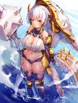  1girl braid breasts cleavage crown_braid dark_advent doyouwantto elbow_gloves eyebrows_visible_through_hair from_above gloves hair_behind_ear hammer holding holding_hammer large_breasts looking_up mecha_musume navel open_hand purple_gloves rania_(dark_advent) red_eyes skindentation solo thighhighs water wide_hips 
