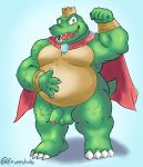  2020 absurd_res anthro balls belly crown donkey_kong_(series) eeveecholo flaccid genitals green_body hi_res humanoid_genitalia humanoid_hands humanoid_penis king_k._rool kremling male nintendo overweight overweight_anthro overweight_male penis scalie solo video_games 