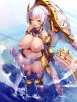  1girl armor blue_gloves blue_legwear blush braid breasts censored cleavage doyouwantto futanari gloves heart heart-shaped_pupils huge_penis large_breasts looking_at_viewer mosaic_censoring navel nipples penis red_eyes shiny shiny_hair shiny_skin short_hair sideboob silver_hair skindentation solo standing symbol-shaped_pupils thighhighs tongue tongue_out water wet 