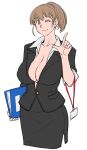  1girl binder blonde_hair blue_eyes breasts cleavage collarbone commentary_request eyebrows_visible_through_hair hand_gesture intrepid_(kantai_collection) kantai_collection lanyard lapel office_lady one_eye_closed ponytail simple_background skirt sozan white_background 