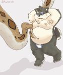  2020 absurd_res anthro armpit_hair belly body_hair canid canine canis clothing domestic_dog duo eeveecholo feral hi_res hypnosis male mammal mind_control moobs moritaka navel nipples overweight overweight_male reptile scalie scar snake tokyo_afterschool_summoners underwear video_games 