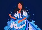  1girl artist_name avatar:_the_last_airbender avatar_(series) black_background black_hair blue_eyes dark_skin dress katara long_hair meyoco print_dress puffy_short_sleeves puffy_sleeves short_sleeves simple_background solo sparkle wave_print 