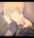  1boy bangs blonde_hair blurry casual closed_eyes collarbone commentary_request depth_of_field eyebrows_visible_through_hair gradient gradient_background green_jacket grey_background grey_shirt hair_between_eyes jacket jewelry kise_ryouta kuroko_no_basuke letterboxed male_focus mashima_shima open_clothes open_jacket ring shirt short_hair solo twitter_username upper_body 