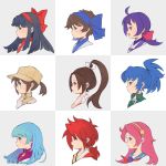  1boy 6+girls ahoge asamiya_athena bakumatsu_rouman black_hair blue_hair blue_ribbon blue_sailor_collar bow breasts brown_hair cleavage crossover fatal_fury fio_germi glasses hair_ribbon hairband hat highres hisame_shizumaru ichijou_akari kula_diamond leona_heidern long_hair metal_slug multiple_crossover multiple_girls nakoruru neckerchief open_mouth pink_hair ponytail portrait profile purple_hair red_bow red_hair red_neckwear red_ribbon ribbon rimururu sailor_collar samurai_spirits shiranui_mai short_hair smile snk the_king_of_fighters white_ribbon yui35 zipper zipper_pull_tab 