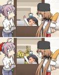  3girls abyssal_ship alternate_costume antenna_hair aoba_(kantai_collection) bag baguette bangs black_hair black_headwear bread brown_hair closed_eyes dark_skin dated enemy_lifebuoy_(kantai_collection) eyebrows_visible_through_hair food gundam hair_ornament hair_ribbon hair_scrunchie hairclip hamu_koutarou highres kantai_collection long_hair low_twintails mecha multiple_girls open_mouth pants papakha pink_hair ponytail ribbon scirocco_(kantai_collection) scrunchie short_twintails signature spot_the_differences sweater tashkent_(kantai_collection) the_o track_pants twintails white_sweater zeta_gundam 