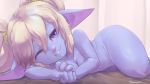  16:9 blonde_hair blue_body blue_skin breasts cleavage clothed clothing covering covering_self deadmimicked digit_ring female hair hi_res humanoid_pointy_ears jewelry league_of_legends looking_at_viewer lying nude on_side poppy_(lol) purple_eyes ring riot_games scrunchie smile video_games wedding_ring widescreen winking_at_viewer yordle 